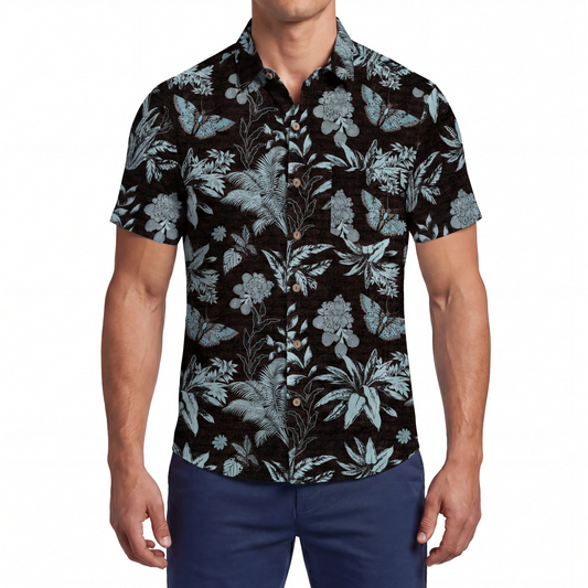 Black Hawaiian shirt with floral and butterfly design