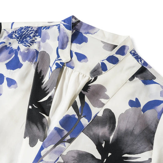 Ink Blue Floral Elegance blouse, side view, 3/4 sleeve