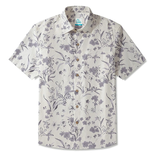 Gray floral men's Hawaiian shirt, short sleeve, button-up