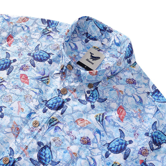 Close-up of turtle print on men's Hawaiian shirt