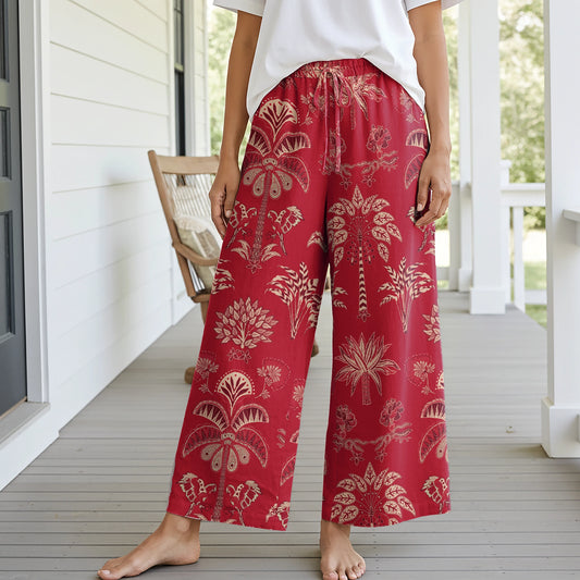 Women Casual Floral Wide Leg Pants Lounge Elastic Waist Drawstring with Pockets 93% Lyocell, 7% Linen Red Aloha Retro Tropical Sparkle By Patch