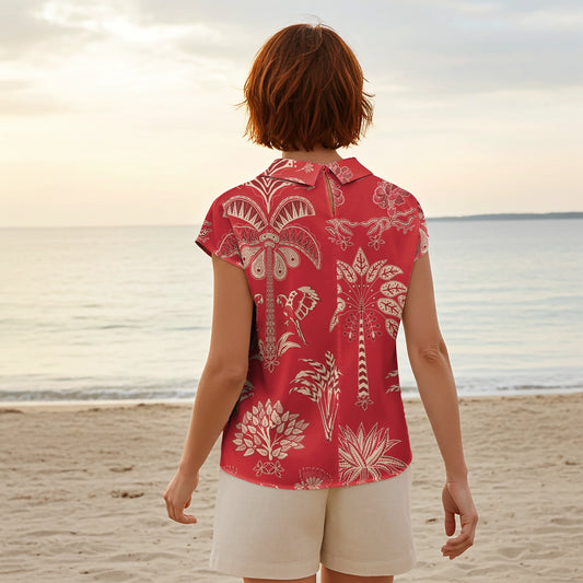 Women Casual Blouse Cap Sleeve Fold-Over Neck Button-Back 100% Lyocell Red Aloha Retro Tropical Sparkle By Patch