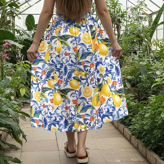 Women Casual Maxi Skirt Long Elastic Waist with Pockets 100% Cotton Blue Aloha Sicilian Lemons
