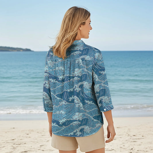 Ukiyo-e Wave women's blouse, blue, 3/4 sleeve, V-neck, lyocell