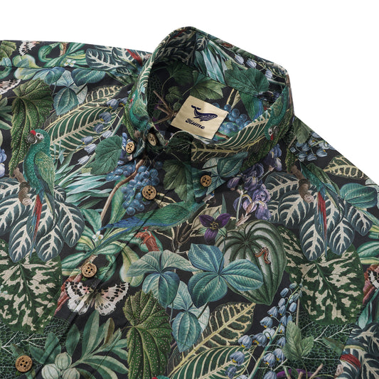 Men's Hawaiian Shirt Short Sleeve Button-down 100% Cotton Green Aloha Jungle Whispers