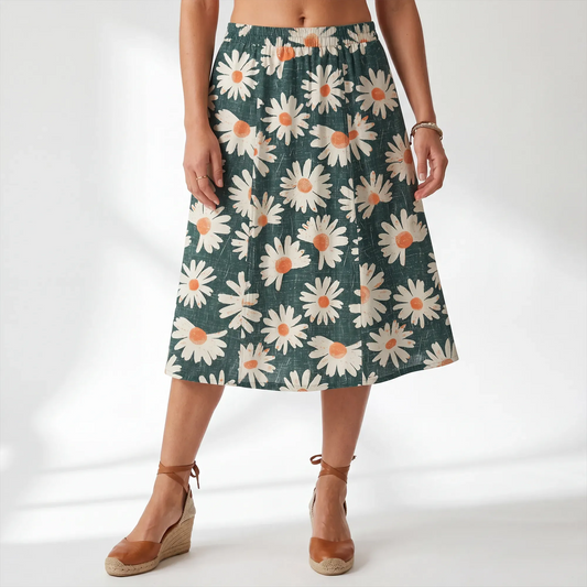 Women's green Aloha Daisy art skirt with elastic waist and pockets