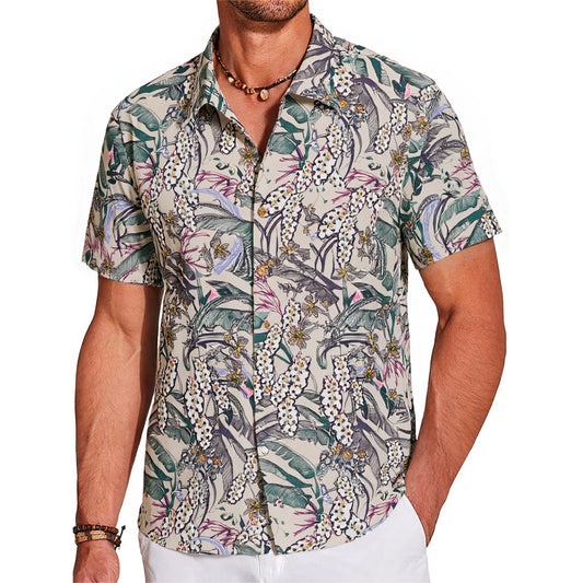 LeosWare men's beige Hawaiian shirt, tropical print, short sleeve