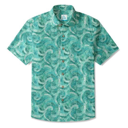 Azure Seashell Whispers men's Hawaiian shirt, green, short sleeve