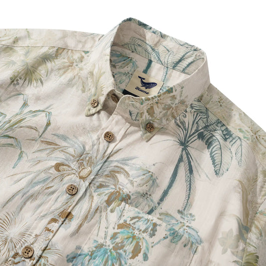 Close-up of green floral pattern on men's Hawaiian shirt