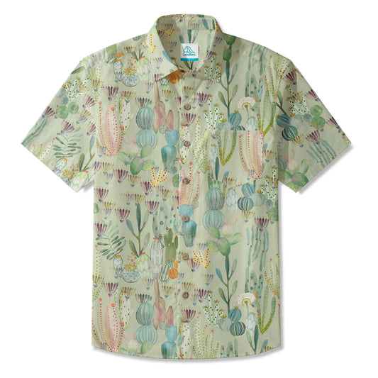 Green cactus paradise men's Hawaiian shirt, short sleeve