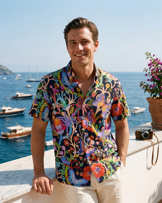 Resort look men's Hawaiian shirt, butterfly and floral design