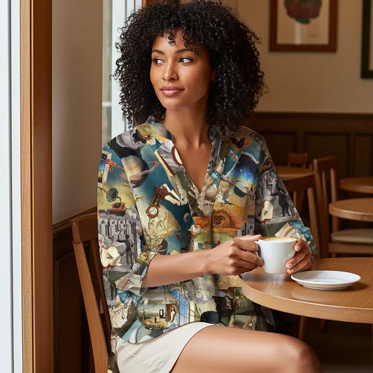 Blue Aloha Hyperreal Dreamscapes women's art shirt, V-neck, 3/4 sleeve