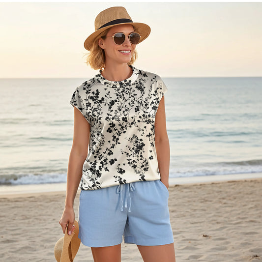 Women Casual Blouse Cap Sleeve Fold-Over Neck Button-Back 100% Lyocell Beige Aloha Tranquil Inkvine