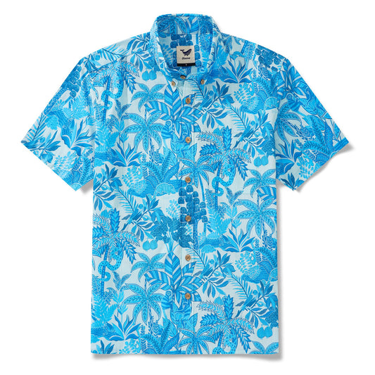 Men's Blue Hawaiian Shirt Tropical Shirt Short Sleeve Button-down 100% Cotton Blue Aloha Jungle Paradise