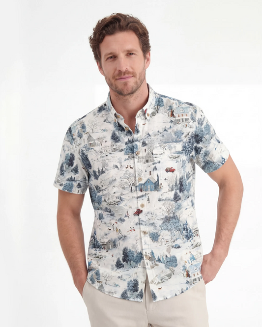 Blue art shirt, men's short sleeve, snowy countryside theme