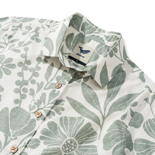 Green Aloha floral shirt, women's short sleeve, button-up