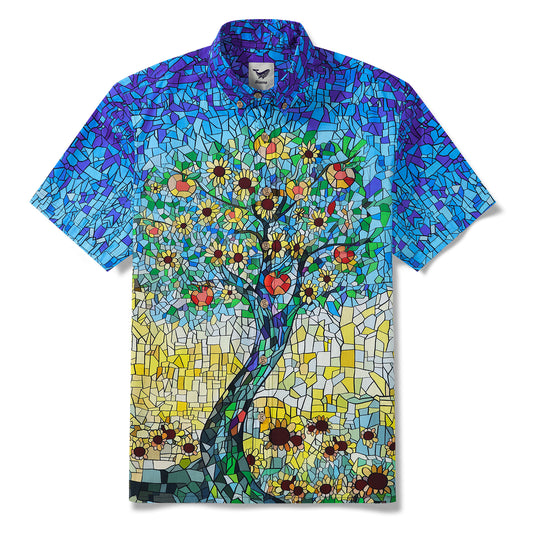 Men's Blue Hawaiian Shirt with Orchard & Stained Glass Print