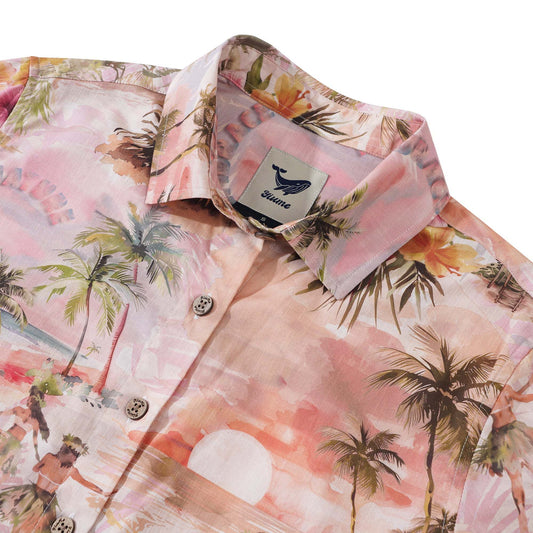 Close-up of hibiscus print on beige Hawaiian shirt