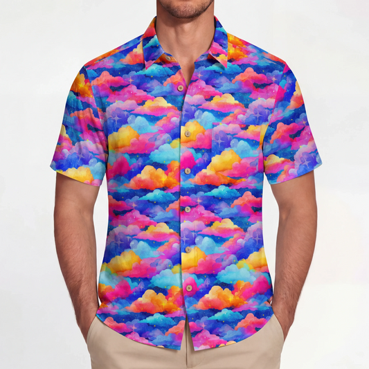 Men's short sleeve Hawaiian shirt with rainbow clouds