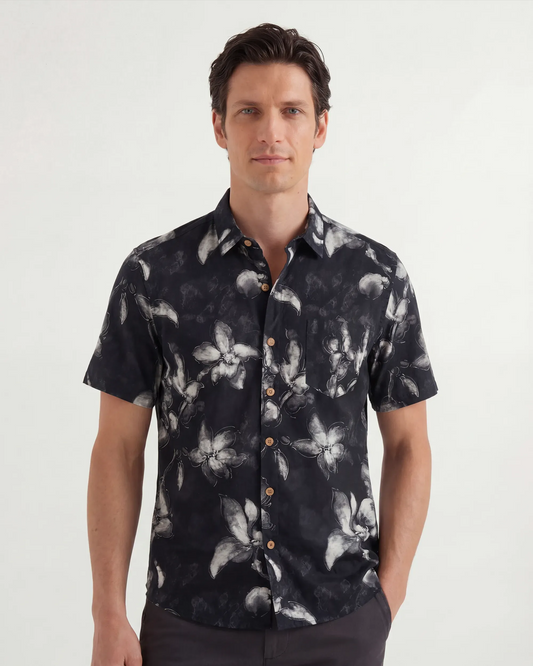 Men's Hawaiian Shirt Black Ink Wash Floral Design