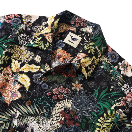 Men's art shirt with leopards, short sleeve, black