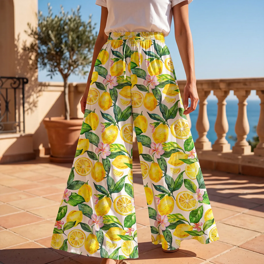 Women's Lemon Floral Palazzo Pants, 100% Cotton, Elastic Waist