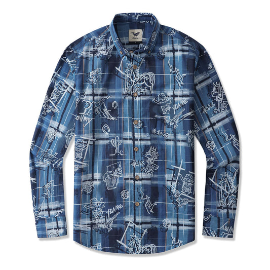 Graffiti plaid men's shirt, blue, long sleeve, button-down