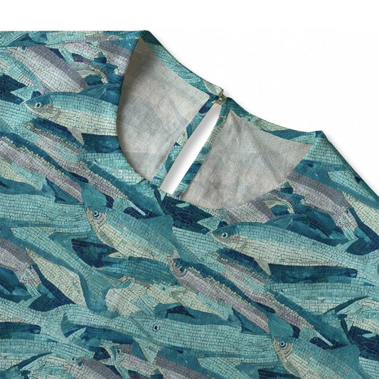 Blue Mosaic Fish Women's Art Shirt, crew neck, button-back