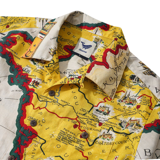 Yellow Hawaiian shirt, vintage map design, camp collar