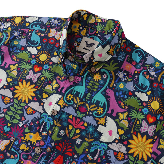 Colorful button-down shirt with dinosaur and butterfly print