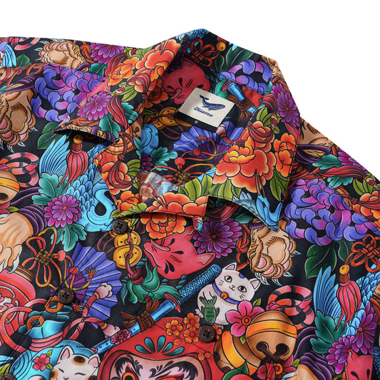 Close-up of whimsical cat and floral design on men's shirt