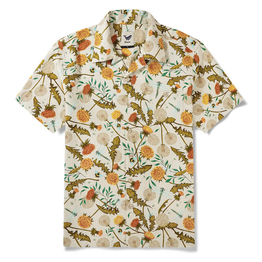 Men's Hawaiian Shirt Short Sleeve Camp Collar 100% Silk Yellow Aloha Dandelions And Dragonflies By Silver Steer Design