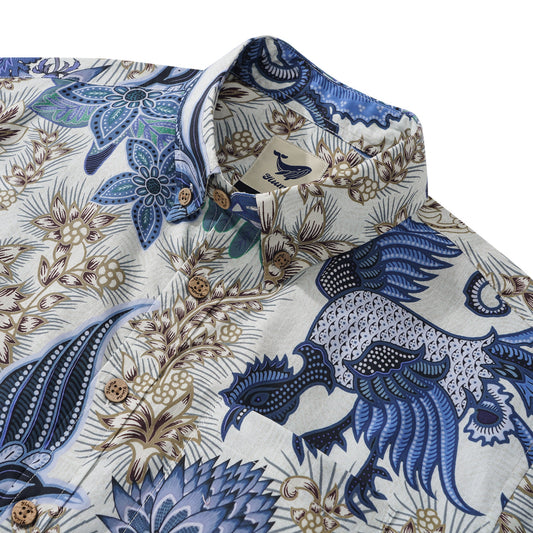 Blue Phoenix design on men's Hawaiian shirt, button-down