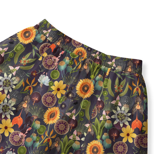 Close-up of sunflower print on brown cotton skirt
