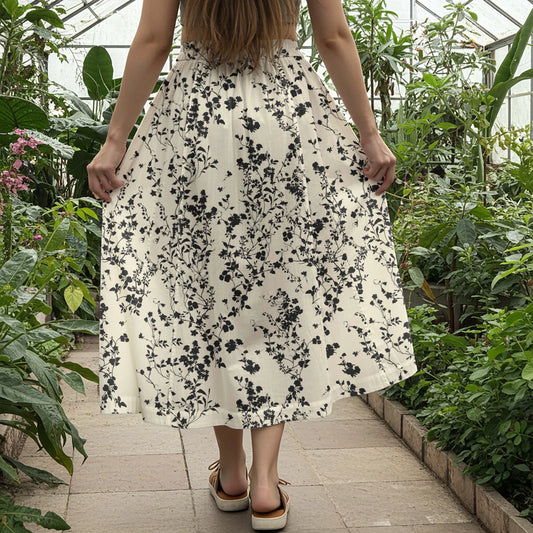 Women Casual Maxi Skirt Long Elastic Waist with Pockets 100% Cotton Beige Aloha Tranquil Inkvine