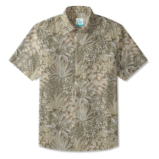 LeosWare Men's Hawaiian Shirt, beige rainforest print, short sleeve