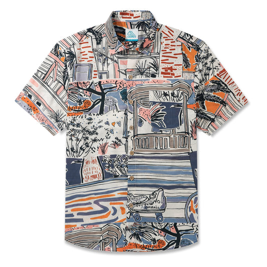 LeosWare Men's Blue Hawaiian Shirt, 100% Cotton, Short Sleeve