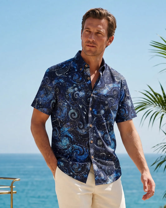 Resort look with men's blue Hawaiian shirt