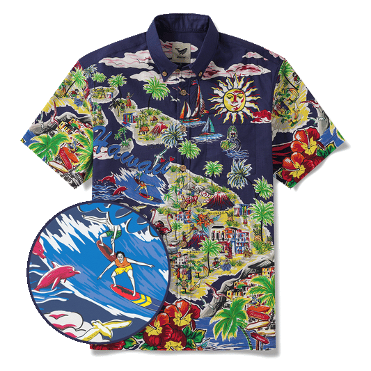 Men's white Hawaiian shirt, 100% cotton, short sleeve, button-down