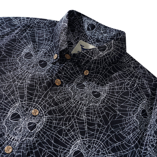 Men's Hawaiian Shirt Short Sleeve Button-down 100% Cotton Black Aloha Gothic Skull Spider Web By Mystic Hearts