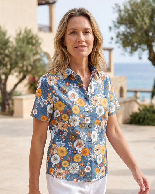 Women's Hawaiian shirt with 60's floral print by Samantha O'Malley