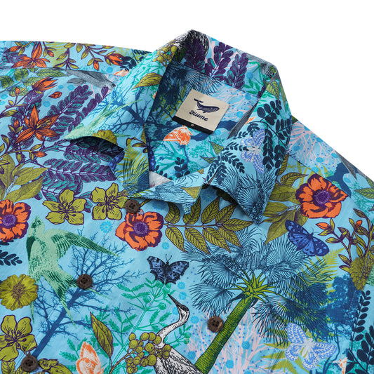 Men's Hawaiian Shirt Short Sleeve Camp Collar 100% Cotton Green Aloha Whispering Woods