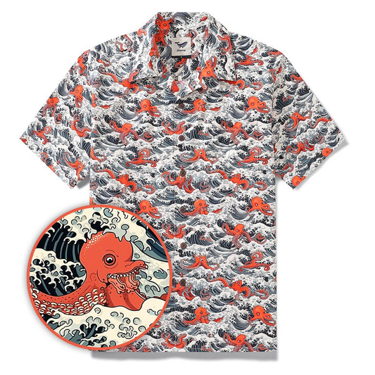 Camisa Hawaiana para Hombres Camisa de Pulpo Fiesta Cuello Camp 100% Algodón