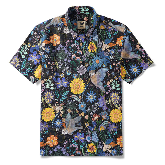 Men's Hawaiian Shirt with Owl's Secret Garden design, short sleeve, beige