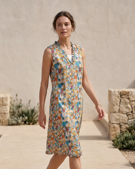 Women's Hawaiian Dress Orange Hibiscus Blossom V-neck Linen Rayon