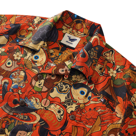 Close-up of Japanese folklore pattern on red shirt