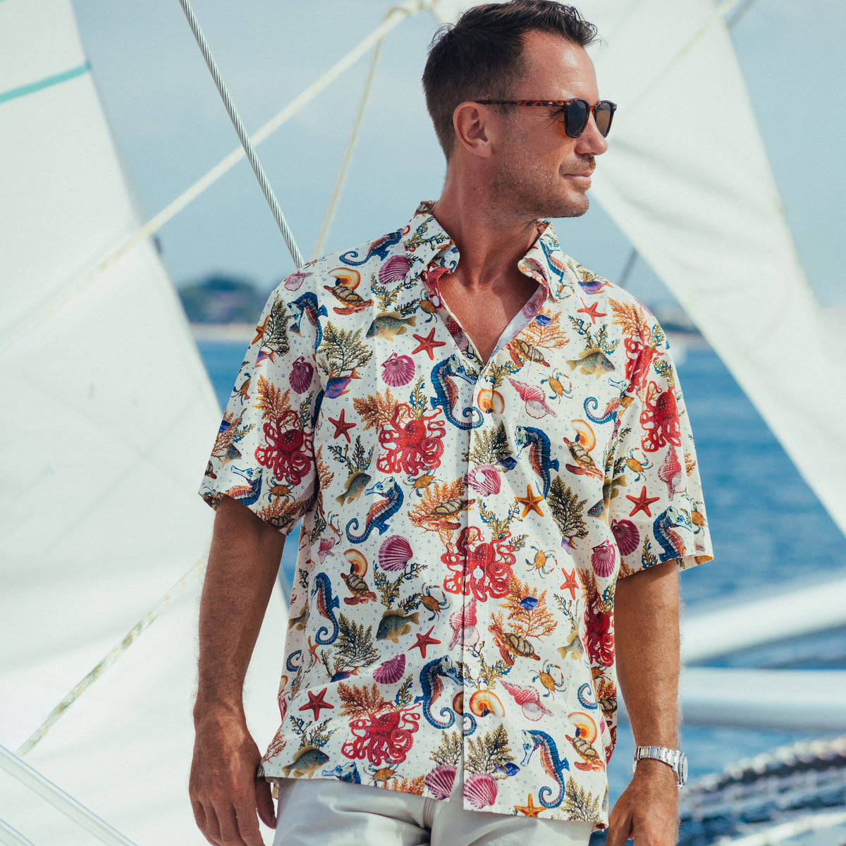Men's Hawaiian Shirt Funky Marine Life Ocean Fish Print Button-down ...