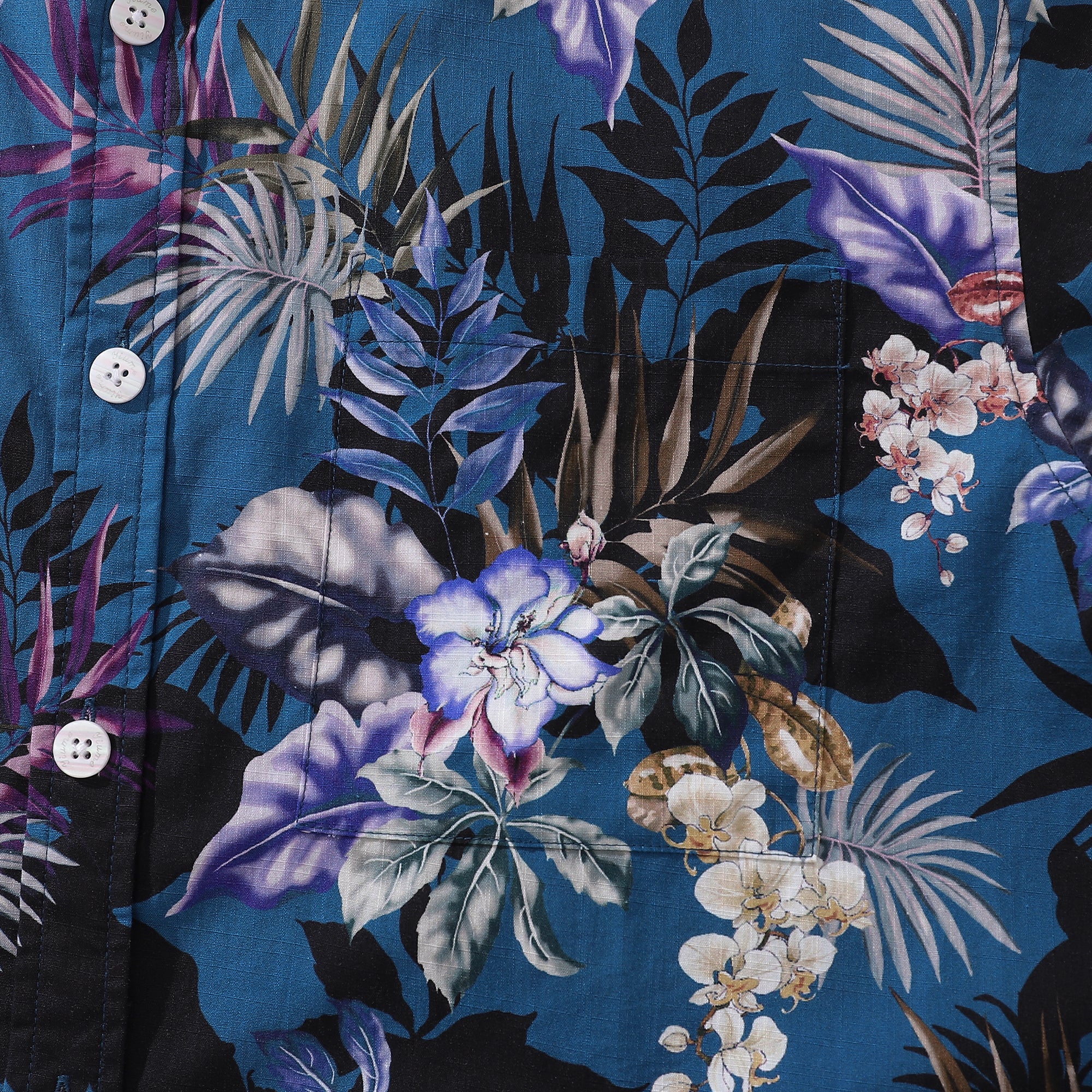 Dark Blue Hand Painted Orchid Floral Print 100% Cotton Button-down Shirt