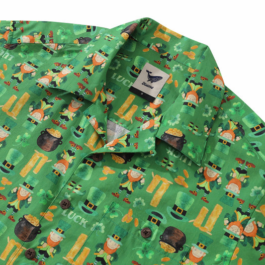 Back view of St. Patrick's Day men's Hawaiian shirt, green design