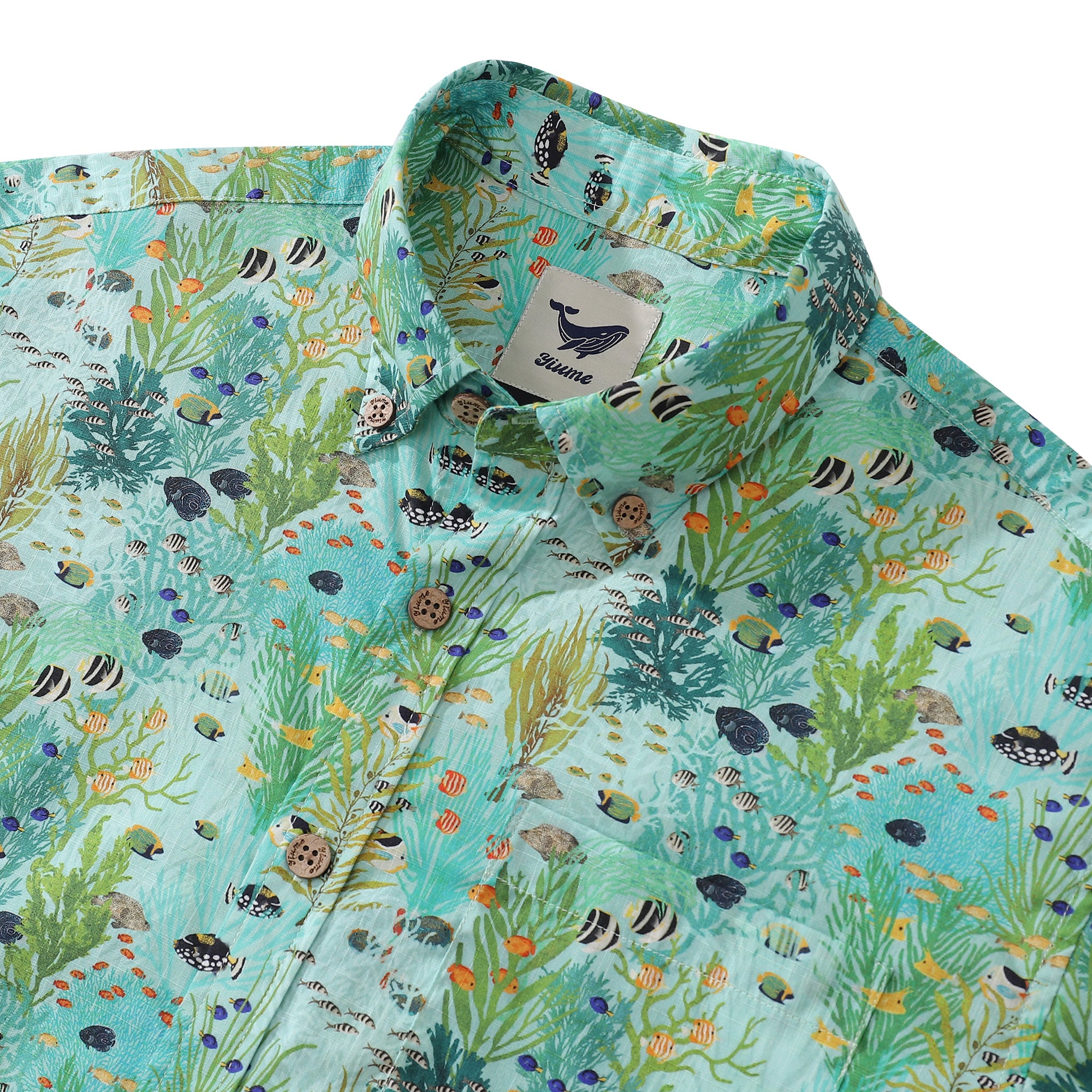 Green Hawaiian Shirt For Men The Coral Reef Button-down Short Sleeve 100% Cotton Shirt